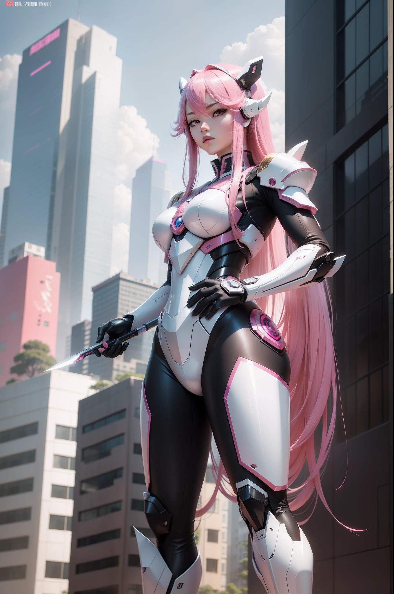 The Chinese humanoid mech stands next to the tall building，Pink Long Hair，01，High-quality textures，style of anime，Ultra-clear，8K分辨率，Holding a knife in one hand，in Pink and white