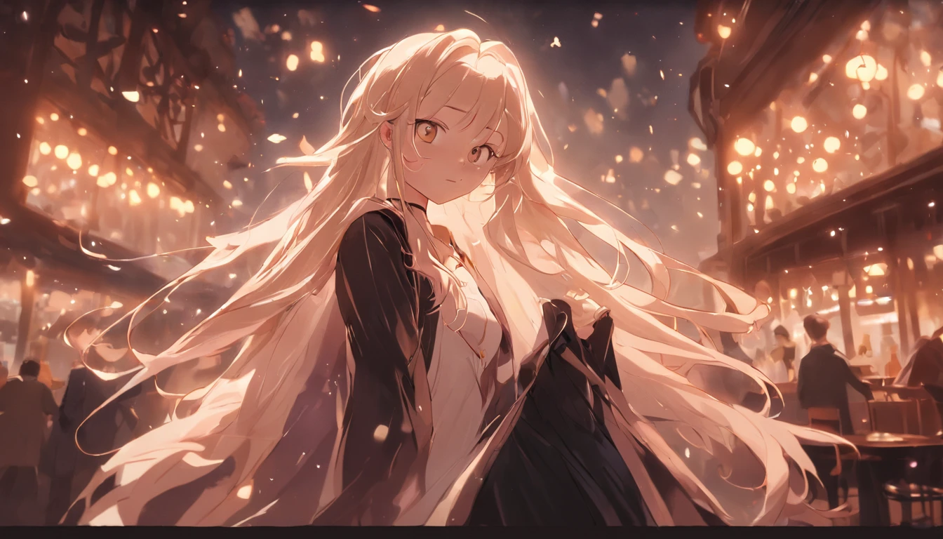 cinematic quality，Disney Animation Style，Cute girl with long golden hair in black dress。Restaurant at night。Detailed hair，high-heels，depth of fields，Highlight，Real Light，Ray traching，OC rendering，Ultra photo realsisim，best qualtiy，in 8K，Master the technology，Detailed anatomy of the human body，sharp focus on eyes，Detailed depiction of facial features，bokeh effects,longshot