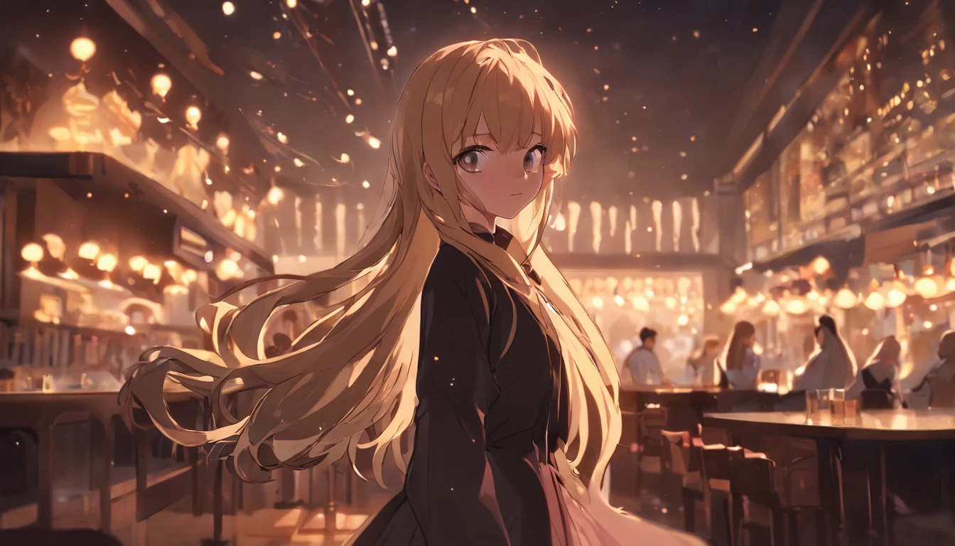 cinematic quality,Disney Animation Style,Cute girl with long golden hair in black dress。Restaurant at night。Detailed hair,high-heels,depth of fields,Highlight,Real Light,Ray traching,OC rendering,Ultra photo realsisim,best qualtiy,in 8K,Master the technology,Detailed anatomy of the human body,sharp focus on eyes,Detailed depiction of facial features,bokeh effects,longshot