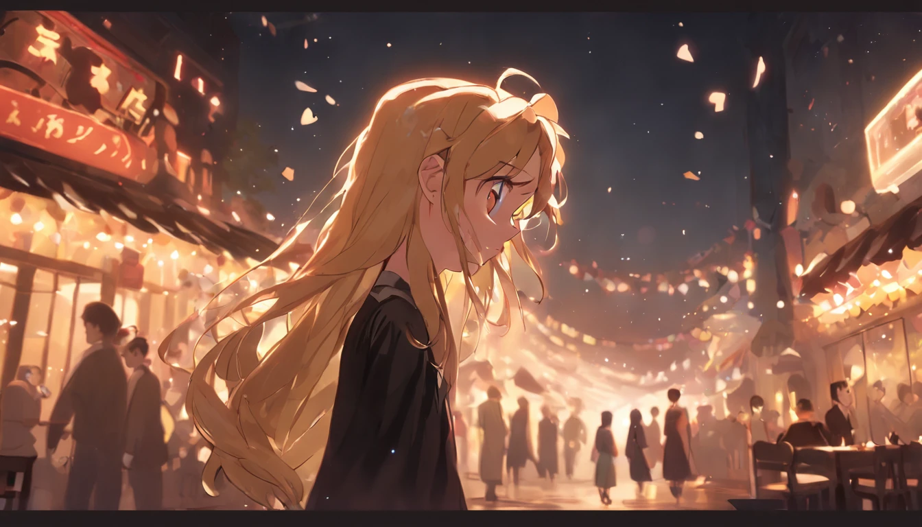 cinematic quality,Disney Animation Style,Cute girl with long golden hair in black dress。Restaurant at night。Detailed hair,high-heels,depth of fields,Highlight,Real Light,Ray traching,OC rendering,Ultra photo realsisim,best qualtiy,in 8K,Master the technology,Detailed anatomy of the human body,sharp focus on eyes,Detailed depiction of facial features,bokeh effects,longshot