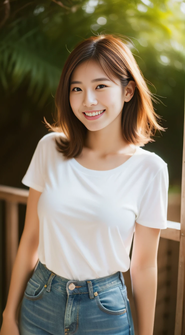 ((Best Masterpiece)), ((High quality)), ((Real)), ((8K))  ((2 beautiful girls)) ,((White T-shirt and skinny jeans)), japanes, 30 years old, 2 Beauty, Slender, sony slr photography, looking at the camera in, Cute, Swimwear, Nature, Real, posing on a, Super high quality, Photography, good friends, Big Beauty, Little beauty, Sun umbrella, String Bun, String bra, One person has two, palmeiras, Moles under eyes, Moles around the mouth ((Large breasts)) ,Cowboy shot,((Smile)) ((mid hair))  ((bronze hair)), Cowboy shot,