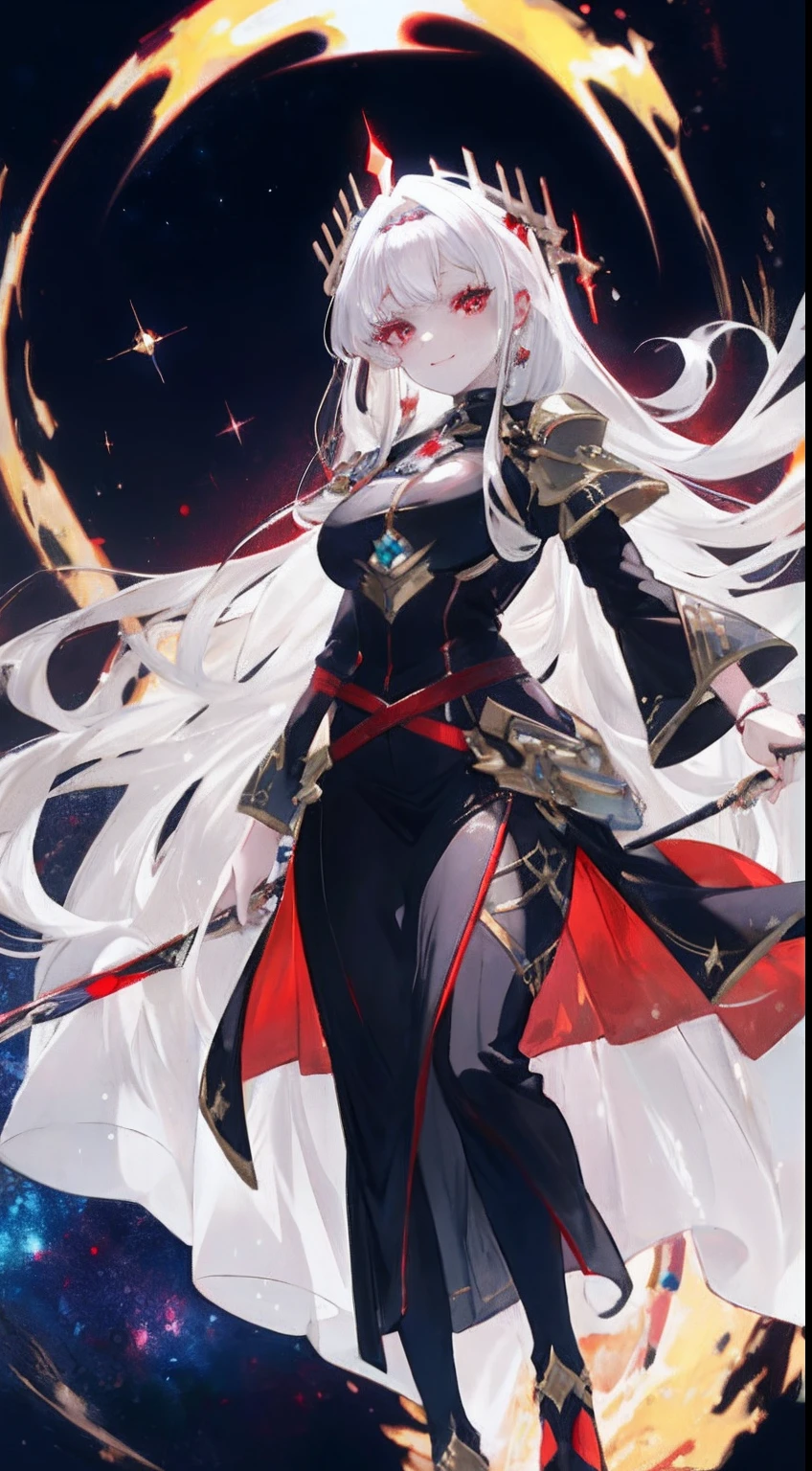 (simple hands:0.5)+(detailed hands:0.7), (masterwork), (best quality), white hair, red eyes,1girl, pale skin, white hair, red eyes, two tone hair, eyelashes, bracelet, jewelry, smile, gleaming skin, shiny hair, detailed and majestic stage, Fantasy, Long Hair, 1 girl, two-tone hair, night sky, Incredibly detailed CG illustration masterpiece, looking at you, anime, beautiful anime eyes, beautiful detailed eyes, eyes, glittering eyes, red eyes, galaxy, nebula, (full body), (curvy),