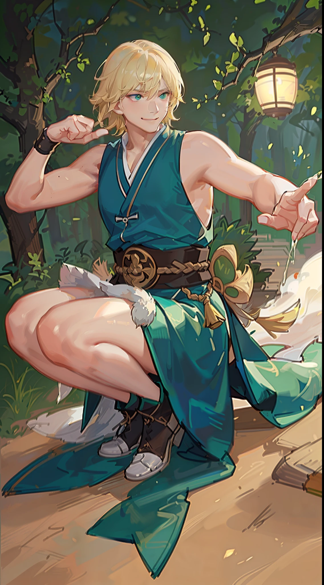 Adult Fat Man, short blonde hair, Cyan eyes, Green Hanfu sleeveless, Drunken Master, Smile, Masterpiece, hiquality