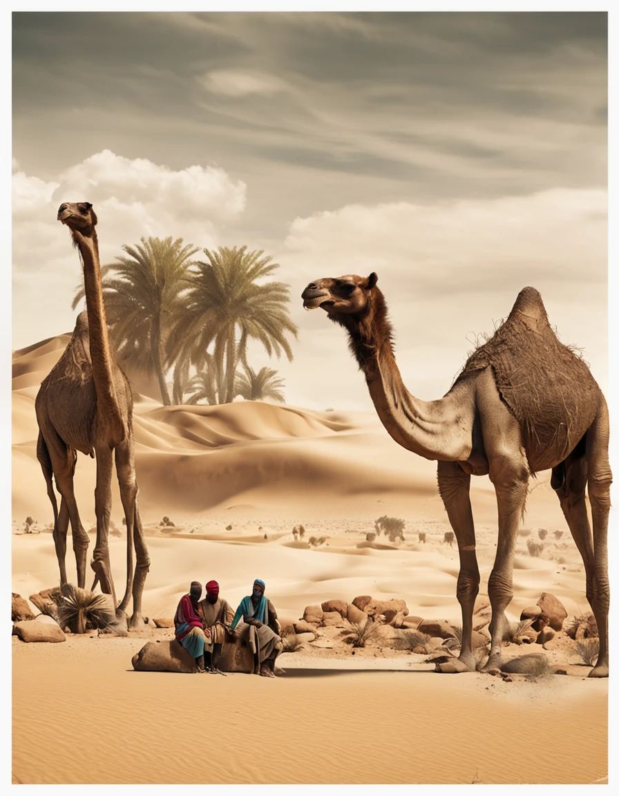tmasterpiece,True HD photos,high detal,Highest definition,8K,Leica lens,Set against the backdrop of the Kalahari desert,Depicting arabian camel caravan
Against the backdrop of this arabian desert,Please depict a giant pyramid with many other small pyramids and palm trees in the background。
On the right side of the screen,is a huge date palm.
Somewhere on this wasteland planet,Depicting a forgotten human community,They are trying to survive and rebuild civilization。The community should have a strong wasteland style,People wore shabby clothes and protective gear,They search for food and resources in the ruins,They are also trying to rebuild their past。