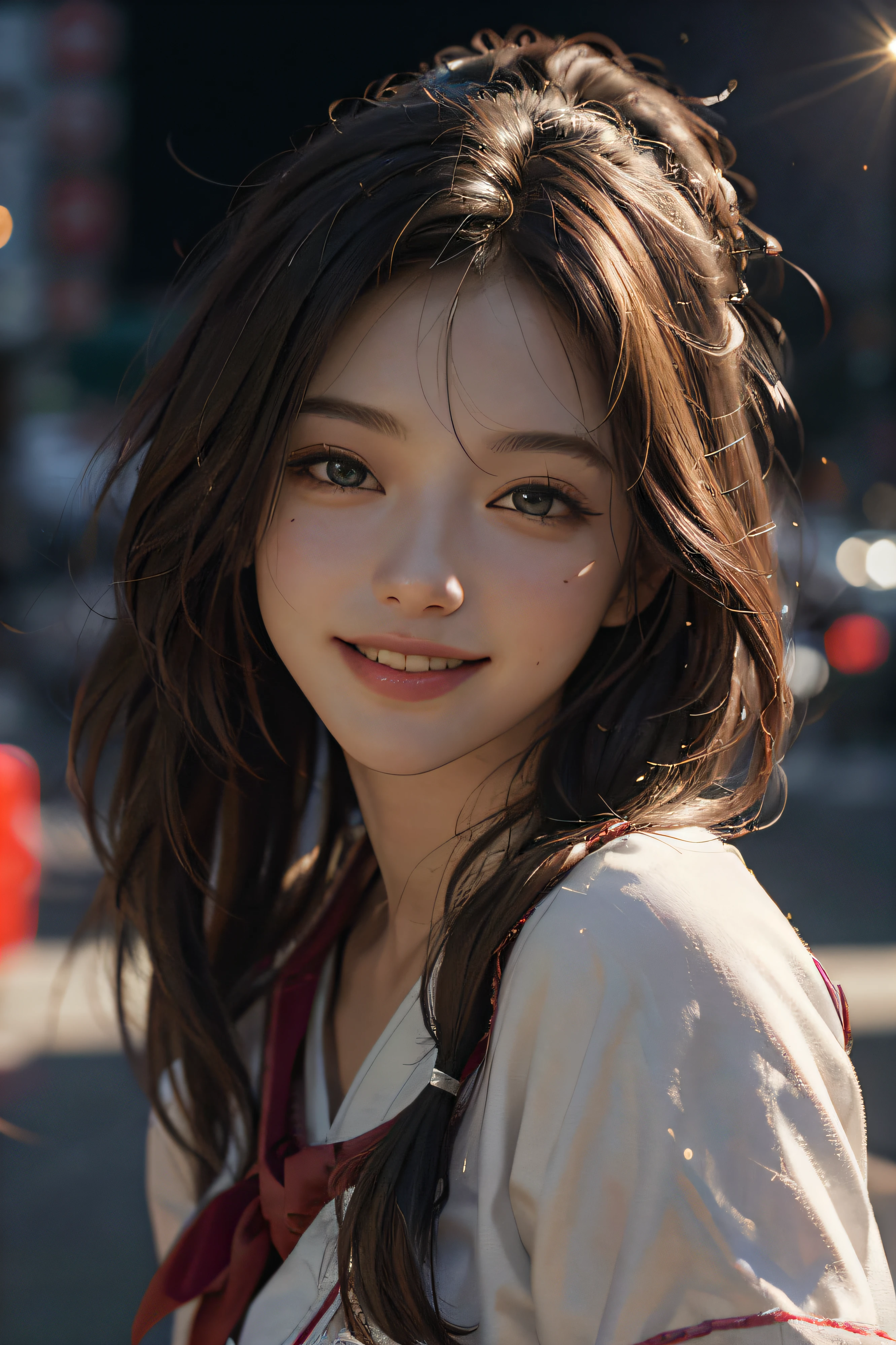 (RAW photo, highest quality), (realistic, photorealistic: 1.3), highest quality, high definition, masterpiece, super detail, illustration, 1girl, upper_body, dynamic angle, messy_long_hair, top quality, highly detailed CG Unity 8k wallpaper, ink, wonderful, smile, movie lighting, lens_flare, dunhuang_style,High school girl uniform,blonde,Tokyo city,