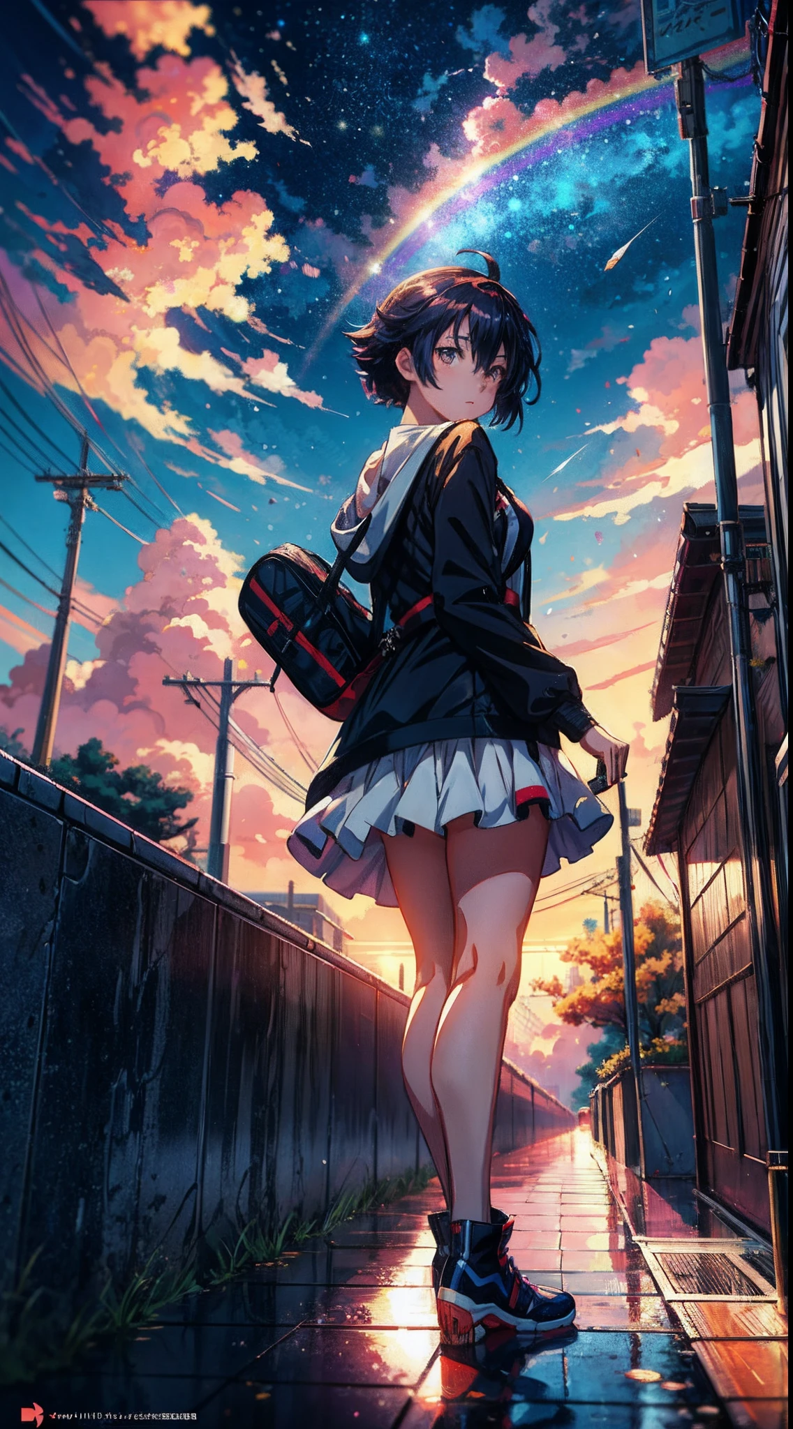 Anime girl standing in big city looking at rainbow sky,Near Future City、 makoto shinkai cyril rolando, anime art wallpaper 4k, anime art wallpaper 4k, Anime art wallpaper 8k, inspired by Cyril Rolando, in the style dan mumford artwork, amazing wallpapers, by Yuumei