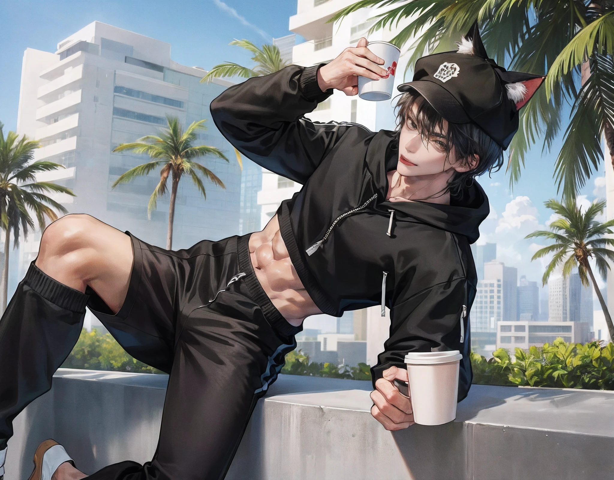 one possum boy inside a bowl of ramen, toned, flexing, possum ears, big black messy hair, masterpiece, vibrant, slim dark black hoodie, full body view, neutral face, black thigh socks, combat boots.