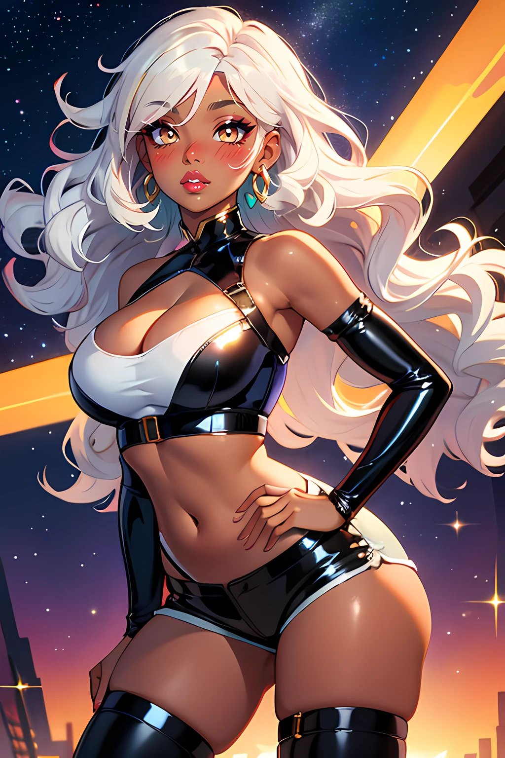 1girl, (best quality:1.1), (masterpiece:1.4), (absurdres:1.0), portrait, 1girl, (voluminous hair)+ , ((curly hair))++, long hair, ((dark skin))++, (((white hair))), (gold eyes), long hair, large breasts, (blush:1.2), (big lips)+, (juicy lips)+, (blush), vibrant colors, eyeliner, lipgloss, blush, sidelocks, shiny skin, shiny, sparkles, stars, starry sky, bright sky, outside, shorts, crop top, thigh highs, dynamic pose, cleavage, standing, latex, thigh strap, skin indentation, twilight, dusk, sunset, star accessories, cityscape,