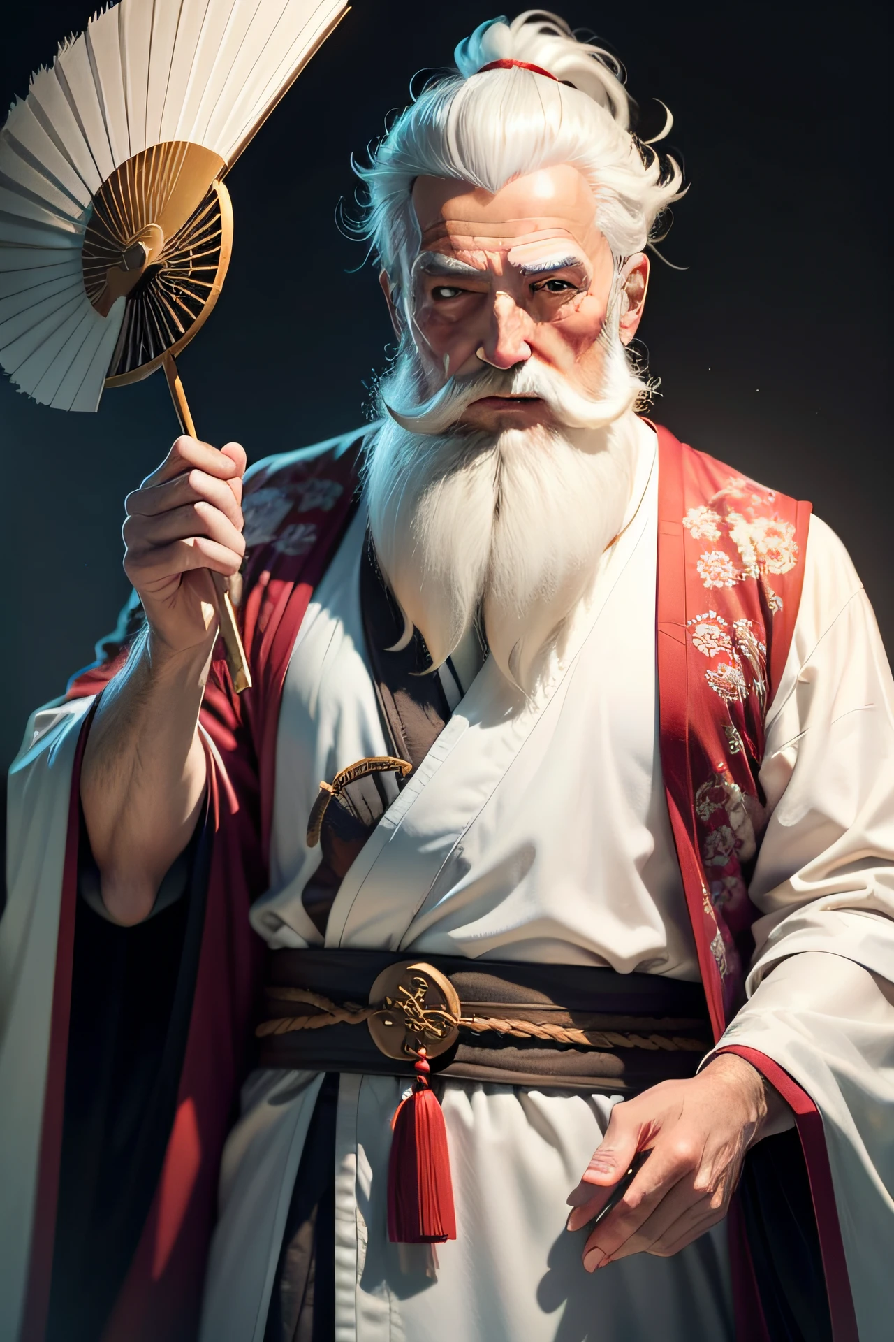 A beard fluttering，An old man in a Taoist robe，Be kind，The hair is white，Holding a feather fan