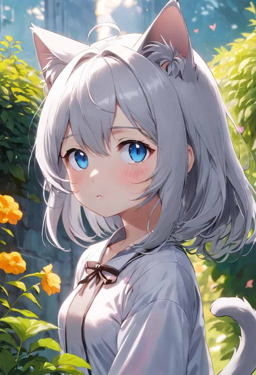 Silver-haired cat-eared girl standing in the garden，eBlue eyes，adolable，Soft cute，Dumb cute。