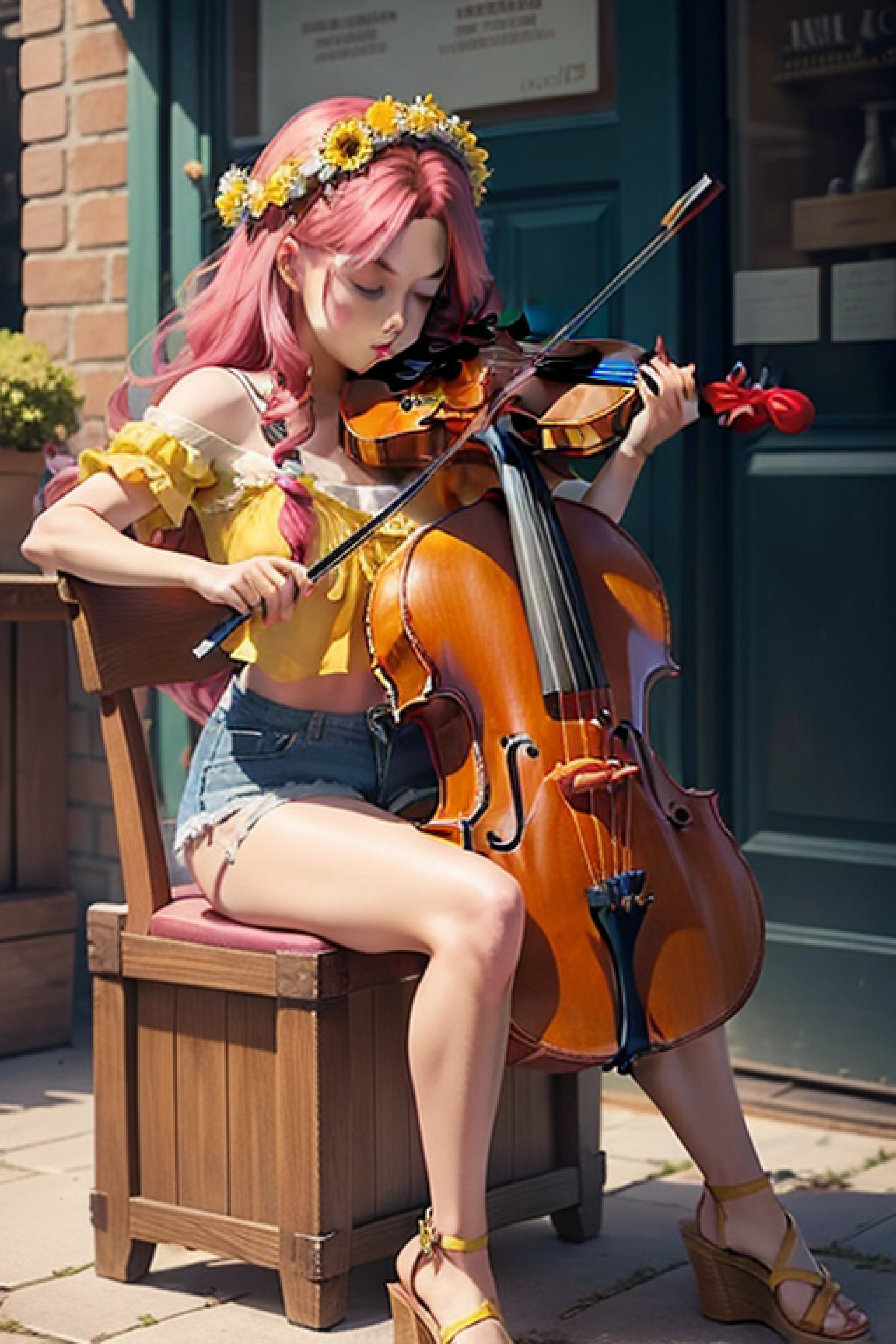 playing a cello, bow, sexy, denim shorts, yellow-green top, wedges sandals, magenta long hair, lipstick, floreal wreath