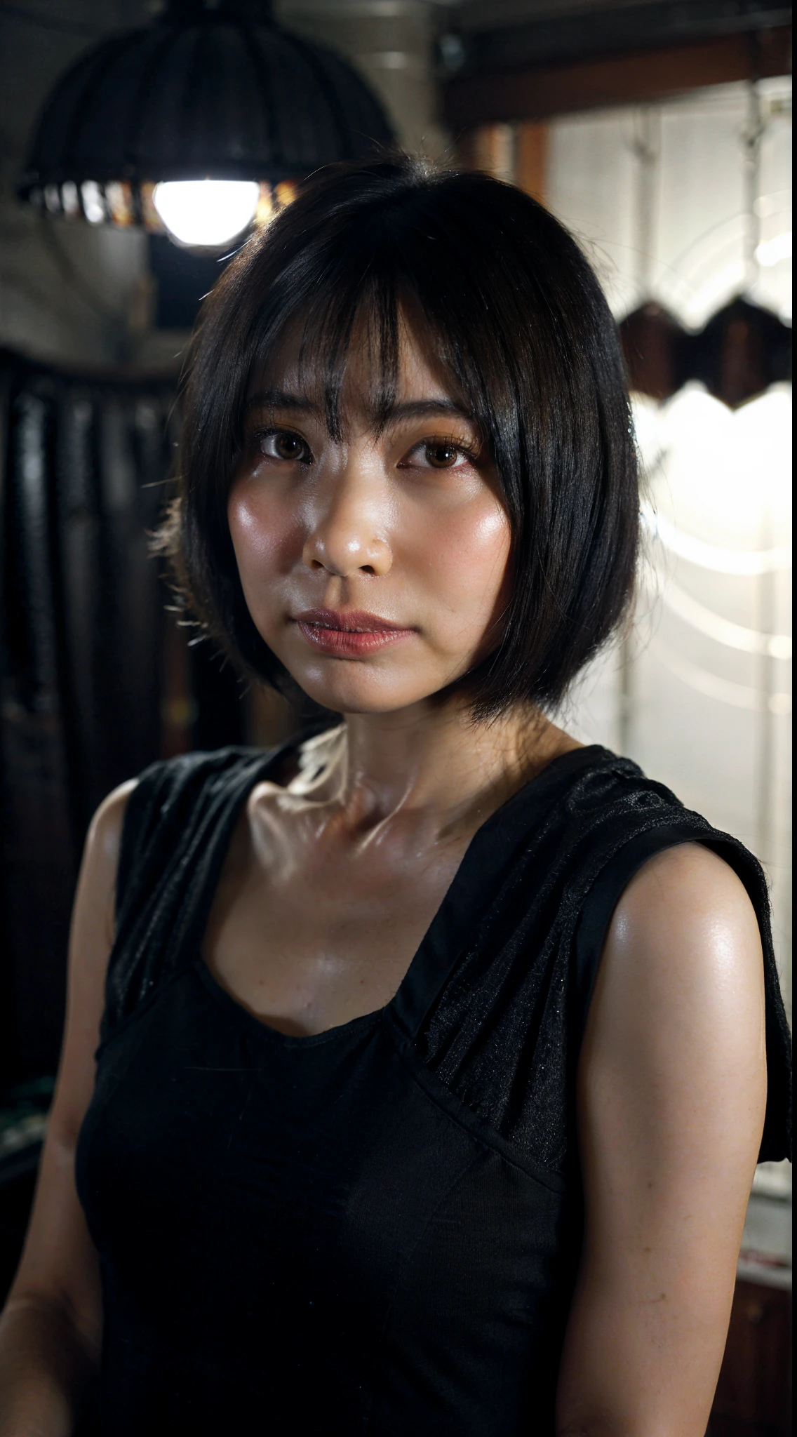 (RAW photo, best quality), (realistic, photo-realistic:1.2), 1girl, high quality, (high detailed skin:1.4), puffy eyes, gorgeous hair, (dark room:1.3), (rim lighting:1.3), (dimly lit:1.3), (dark night:1.3), indoors, portrait, black hair, dark background, short hair,