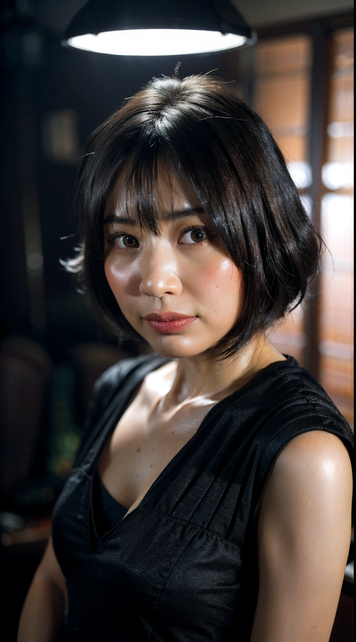 (RAW photo, best quality), (realistic, photo-realistic:1.2), 1girl, high quality, (high detailed skin:1.4), puffy eyes, gorgeous hair,  (dark room:1.3), (rim lighting:1.3), (dimly lit:1.3), (dark night:1.3), indoors, portrait, black hair, dark background, short hair,