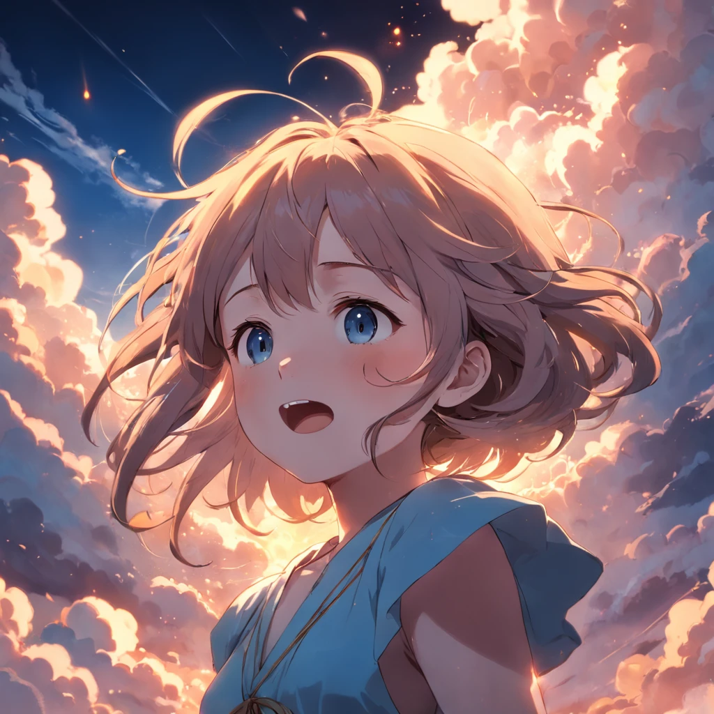 masterpiece, best quality, movie still, 1girl, cloud girl, floating in the sky, close-up, bright, happy, warm soft lighting, sunset, (sparks:0.7)