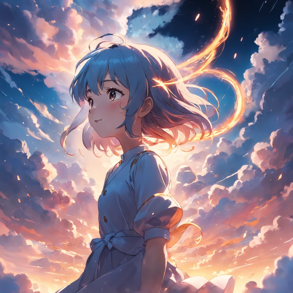 masterpiece, best quality, movie still, 1girl, cloud girl, floating in the sky, close-up, bright, happy, warm soft lighting, sunset, (sparks:0.7)