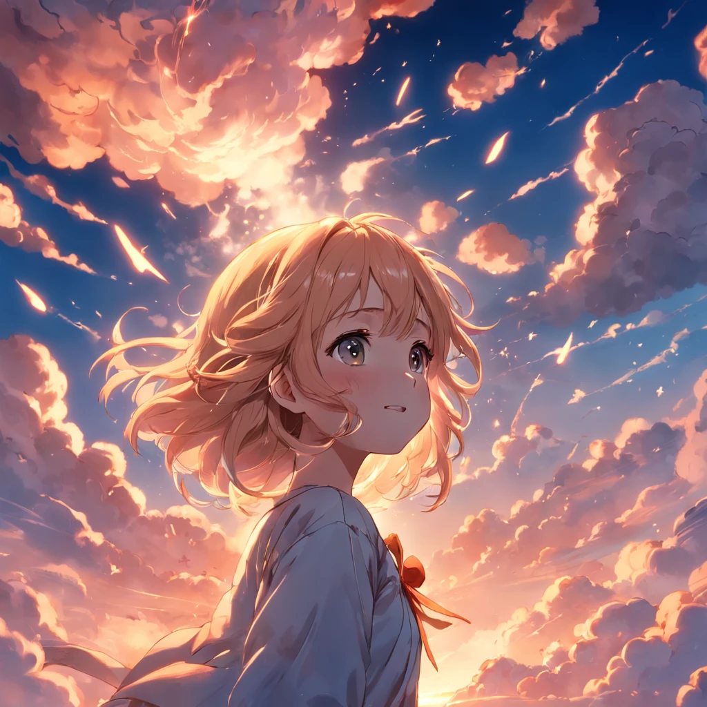 masterpiece, best quality, movie still, 1girl, cloud girl, floating in the sky, close-up, bright, happy, warm soft lighting, sunset, (sparks:0.7)