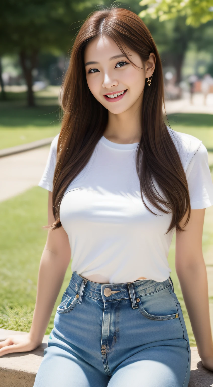 ((Best Masterpiece)), ((High Quality)), ((Real)), ((8k)) ((2 beatiful girls)) ,((white t-shirt and tight denim pants)), Japan persons, 30 years old, 2 beauty, slender, sony slr photography, looking at camera, cute, swimwear, nature, real, posing, super high quality, photography, good friend, big beauty, small beauty, parasol, string bun, String bra, alone with two, , moles under eyes, moles around the mouth ((large breasts)) ,cowboy shot,((smile)) ((long hair)) ((bronze hair)), cowboy shot,(in the park),((sitting) ((sweat))
