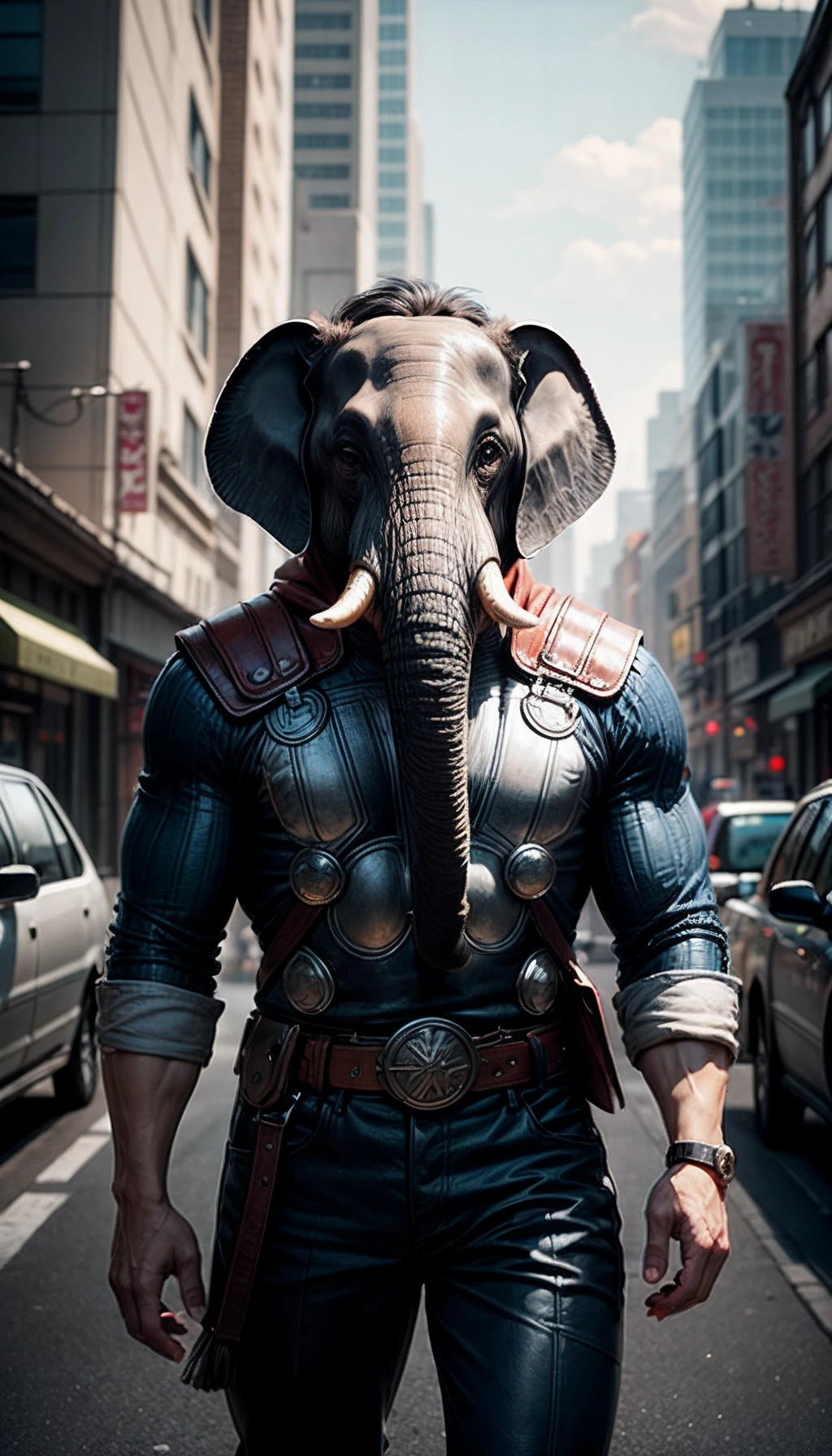 personage (elephant:1.1), In the costume of Thor, in the city, Laurie Grizzly style, Studio Ghibli, Akira Toriyama, by james gilleard, Genshin Impact, Trending Pixiv Fanbox, acrylic palette knife, 4k, bright colours, devinart, Trending on ArtStation, low detailed, dripping ink splatters