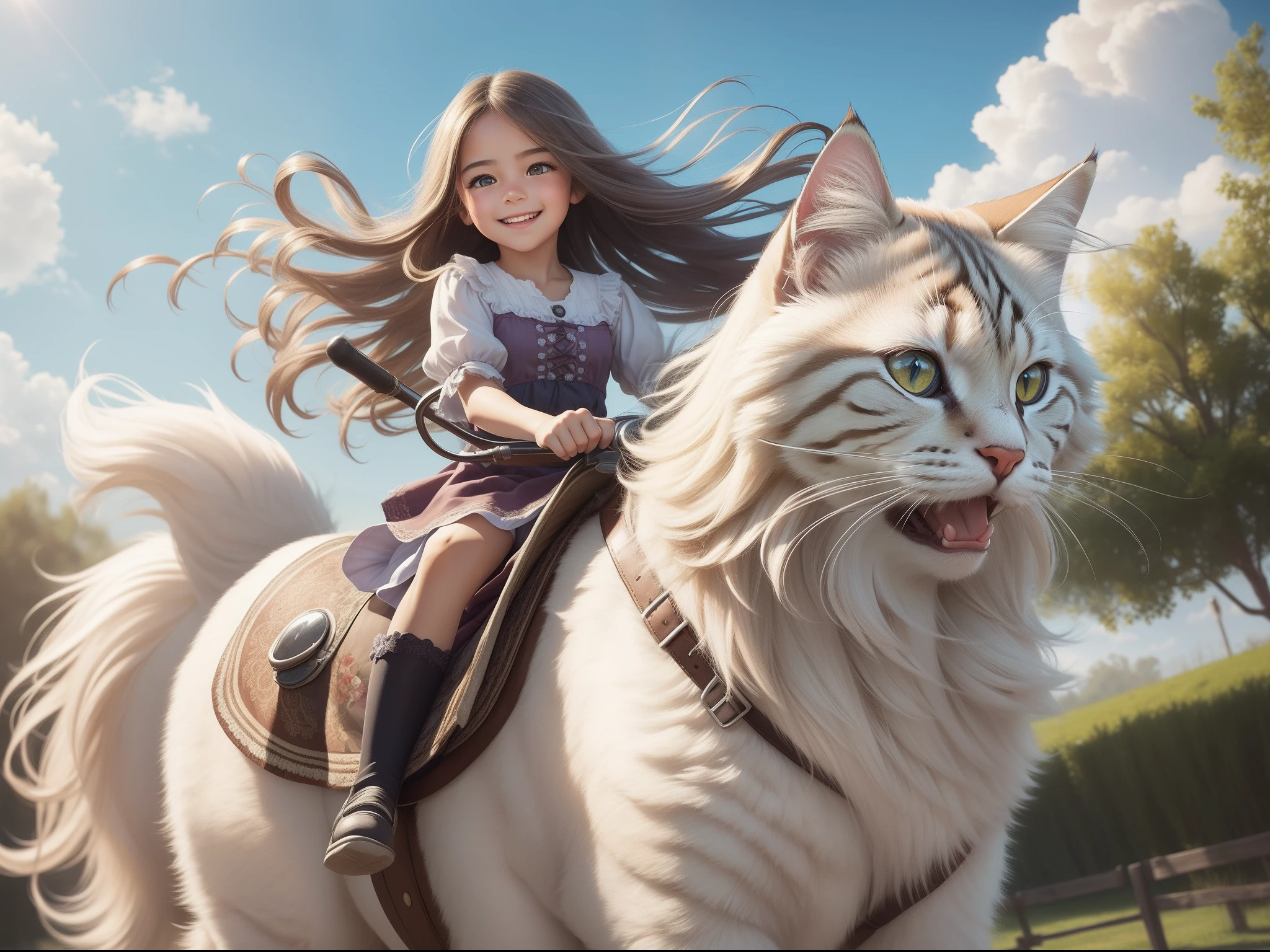 Indescribably sweet,  graceful girl with long hair, fluttering in the wind, Eyes sparkle, The expression of happiness on his face, nice smile; Riding a big fluffy Siberian cat, Realistic cat, Gallop into the screen, Feeling the speed of movement; high quality textures, higly detailed, realistness, Cartoon style, fairytale, Completely in the frame, hight resolution, Realistic Proportion