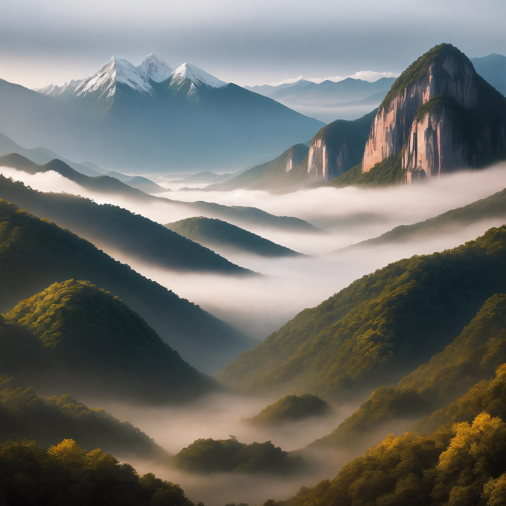 "Description of the mountains and forests of Chongdiep in northwestern Vietnam, at dawn, as rays of sunlight crept through the mountains, Create a beautiful picture with a sea of clouds stretching. Beautiful old houses are interspersed in the nature garden. The winding trail adds majesty to the scenery. The photo was taken with a Canon 5D Mark III camera with a focal length lens of 28mm, ISO 100 settings, f aperture/11 to create the perfect depth and exposure."
