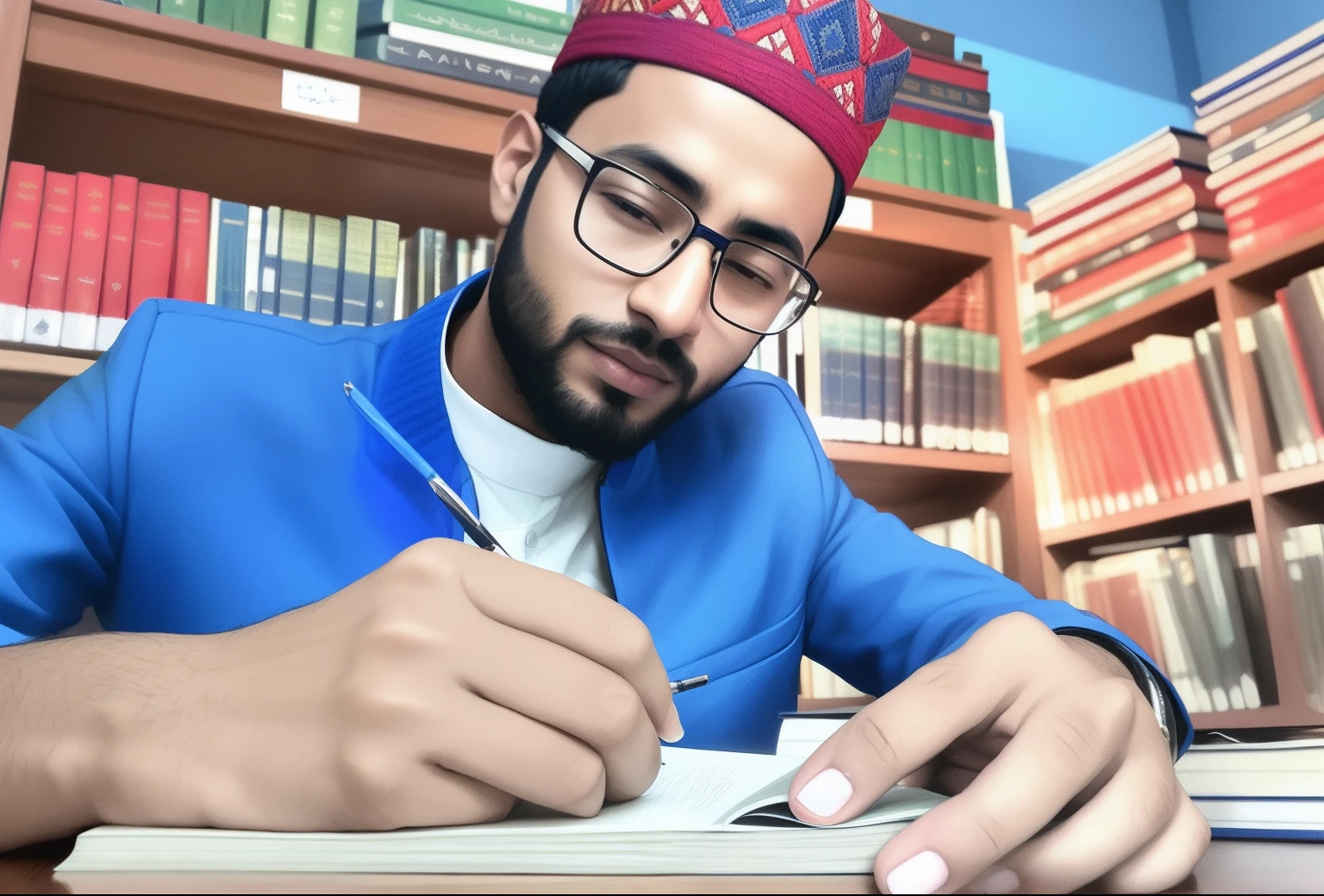 arafed man in a blue jacket writing in a book, riyahd cassiem, khyzyl saleem, by Riza Abbasi, caligraphy, kyza saleem, inspired by Bikash Bhattacharjee, well edited, young commoner, mohamed chahin style, in a library, studying, reading in library