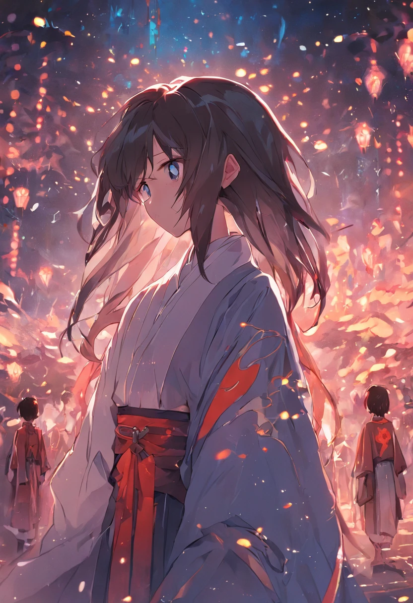 brunette color hair,Oriental costumes,long whitr hair,Slender figure,Long Gun,boy