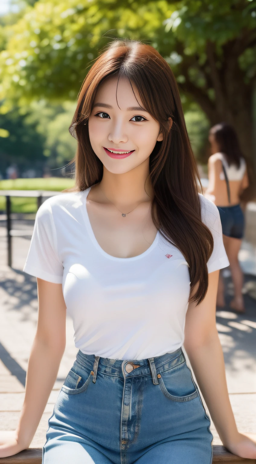 ((Best Masterpiece)), ((High Quality)), ((Real)), ((8k)) ((2 beatiful girls)) ,((white t-shirt and tight denim pants)), Japan persons, 30 years old, 2 beauty, slender, sony slr photography, looking at camera, cute, swimwear, nature, real, posing, super high quality, photography, good friend, big beauty, small beauty, parasol, string bun, String bra, alone with two, , moles under eyes, moles around the mouth ((large breasts)) ,cowboy shot,((smile)) ((long hair)) ((bronze hair)), cowboy shot,(in the park),((sitting) ((sweat))