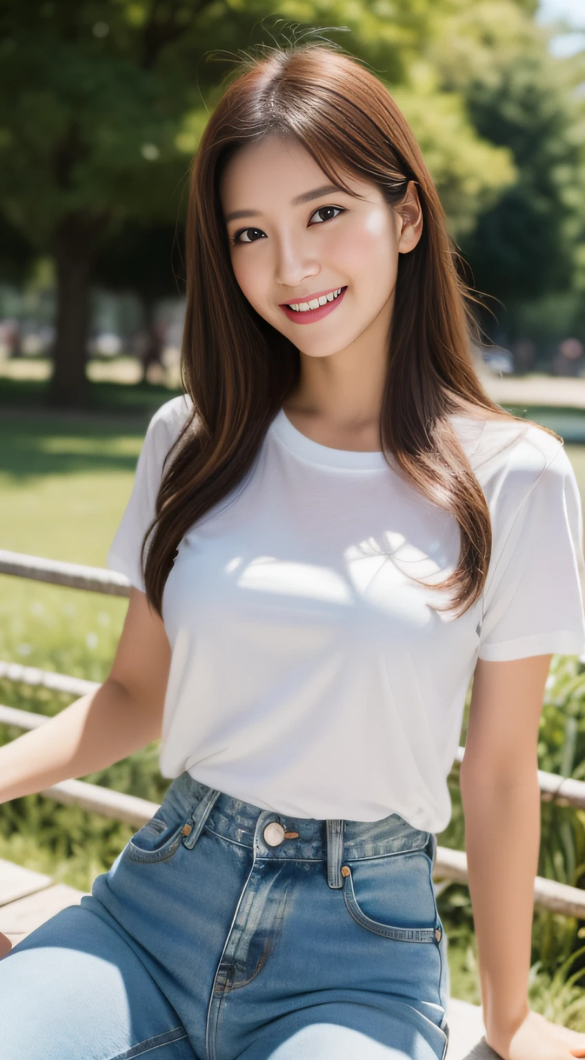 ((Best Masterpiece)), ((High Quality)), ((Real)), ((8k))  ((2 beatiful girls)) ,((white t-shirt and tight denim pants)), Japan persons, 30 years old, 2 beauty, slender, sony slr photography, looking at camera, cute, swimwear, nature, real, posing, super high quality, photography, good friend, big beauty, small beauty, parasol, string bun, String bra, alone with two, , moles under eyes, moles around the mouth ((large breasts)) ,cowboy shot,((smile)) ((long hair))  ((bronze hair)), cowboy shot,(in the park),((sitting) ((sweat))