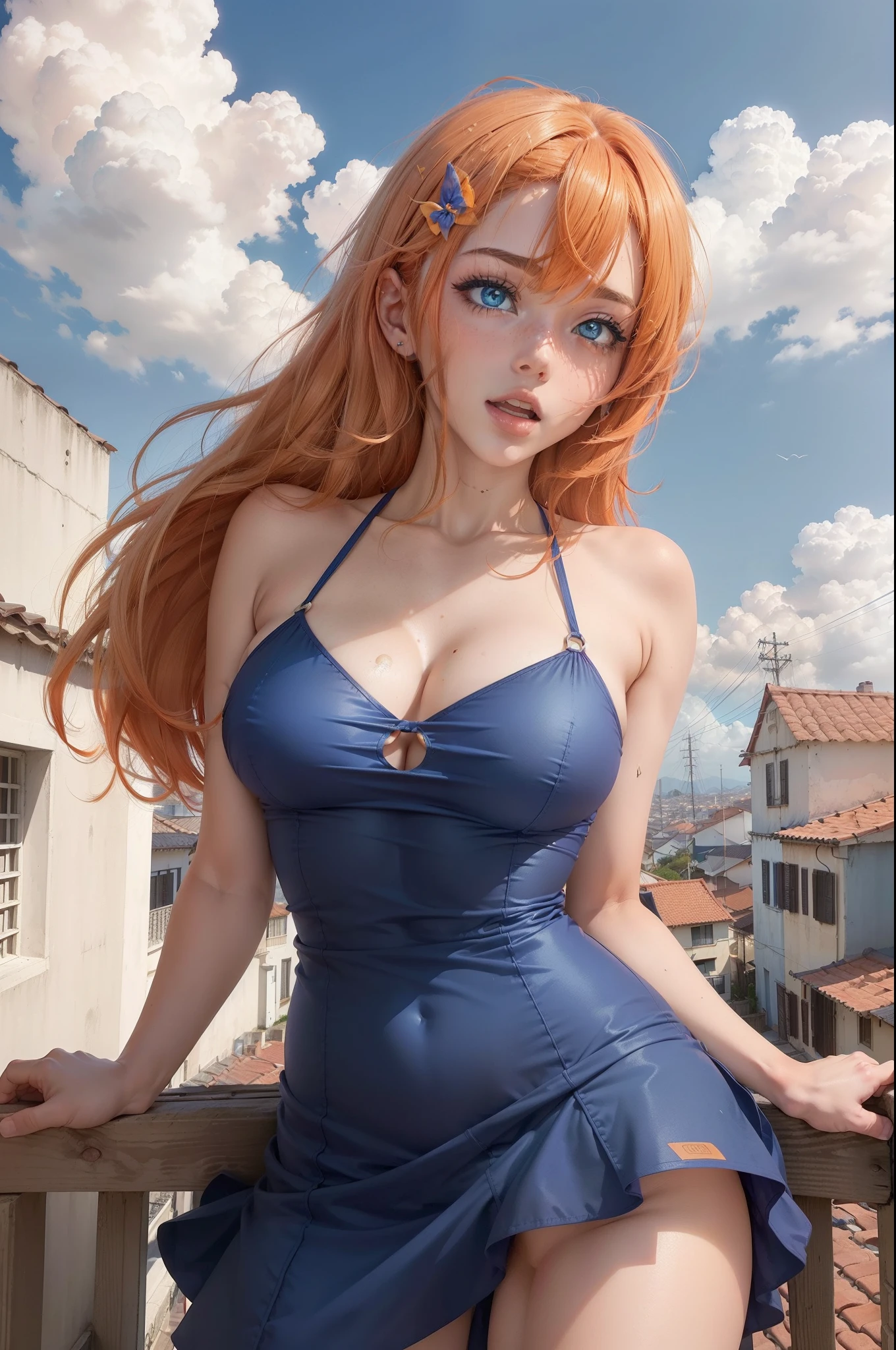 master part, best quality, 1girl, sozinho, orange hair, short hair, shoulder-length hair, Cabelos lisos, olhos alaranjados, olhos redondos,, ((vestido de avental azul claro)), ((mangas compridas)), vestido na altura do joelho, Frescuras, (((faixa de cabelo de fita branca))), on the roof of a building, leaning against the fence on the roof, com vista para a estrada, as close as it can fall at noon, blue skies, clear sky, many balloons, Orange Balloons, Rindo, naked, sexy, hot, ahegao