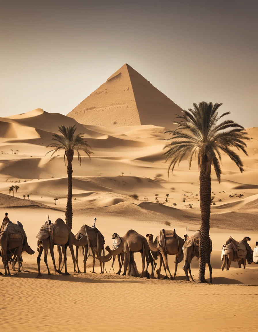 masterpiece,True HD photos,high detal,Highest definition,8K,Leica lens,Set against the backdrop of an Arabian desert,Depicting arabian camel caravan,Please depict a giant pyramid on its own next too a giant palm trees with many other small pyramids and palm trees in the background。 On the right side of the screen,is a huge date palm.
