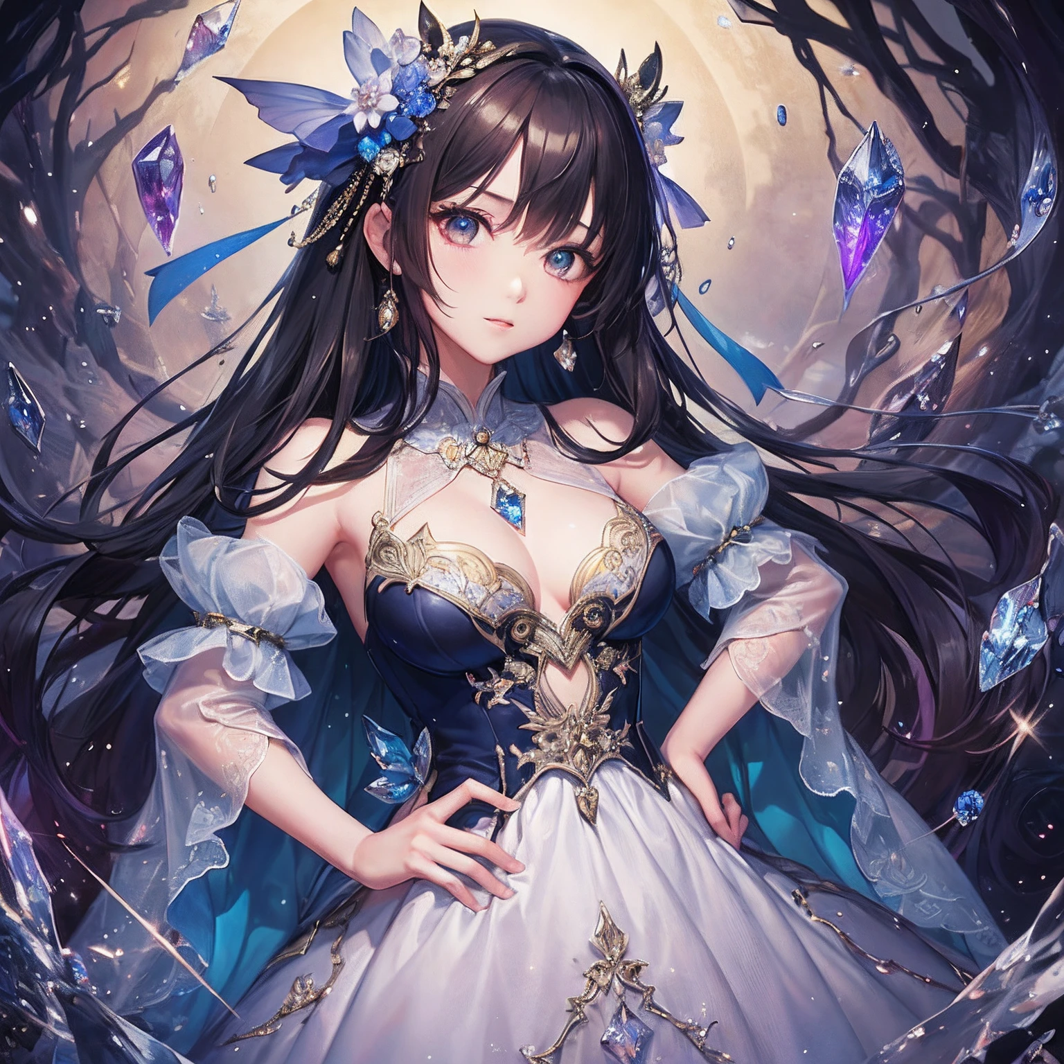 (Masterpiece), ((Best Quality)),(Official Art),(Beautiful Indulgence:1.2),(Dress),(1 Girl: 1.3), Hands on Hips, Beauty wearing a dress with a detailed and delicate design, enclosed in a crystal, and Taiki growing up with a beautiful woman taking in the sealed crystal. It shines faintly in the light of the midnight moon. Detailed drawing. Bright colors. Colorful, highest detail ((ultra detail)),(highly detailed 2D illustration),((very delicate and beautiful)))super detail, wakame, wakame, wakame, wakame, wakame, wakame, wakame, wakame, wakame, wakame, wakame, wakame, wakame, wakame, wakame
