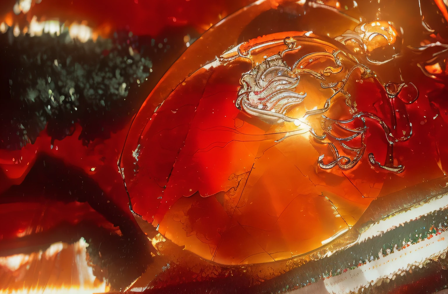 Close up of red and orange stone pendant on table, agates, onyx, amber, red colour, acrylic pour, Verdant, transparent crystal, embedded with gemstones, crystal, corals are gemstones, molten lava, Vivid, swirl, amber jewelry, pendant, unusually unique beauty, Beautiful raw jasper, earthy, trendsetter