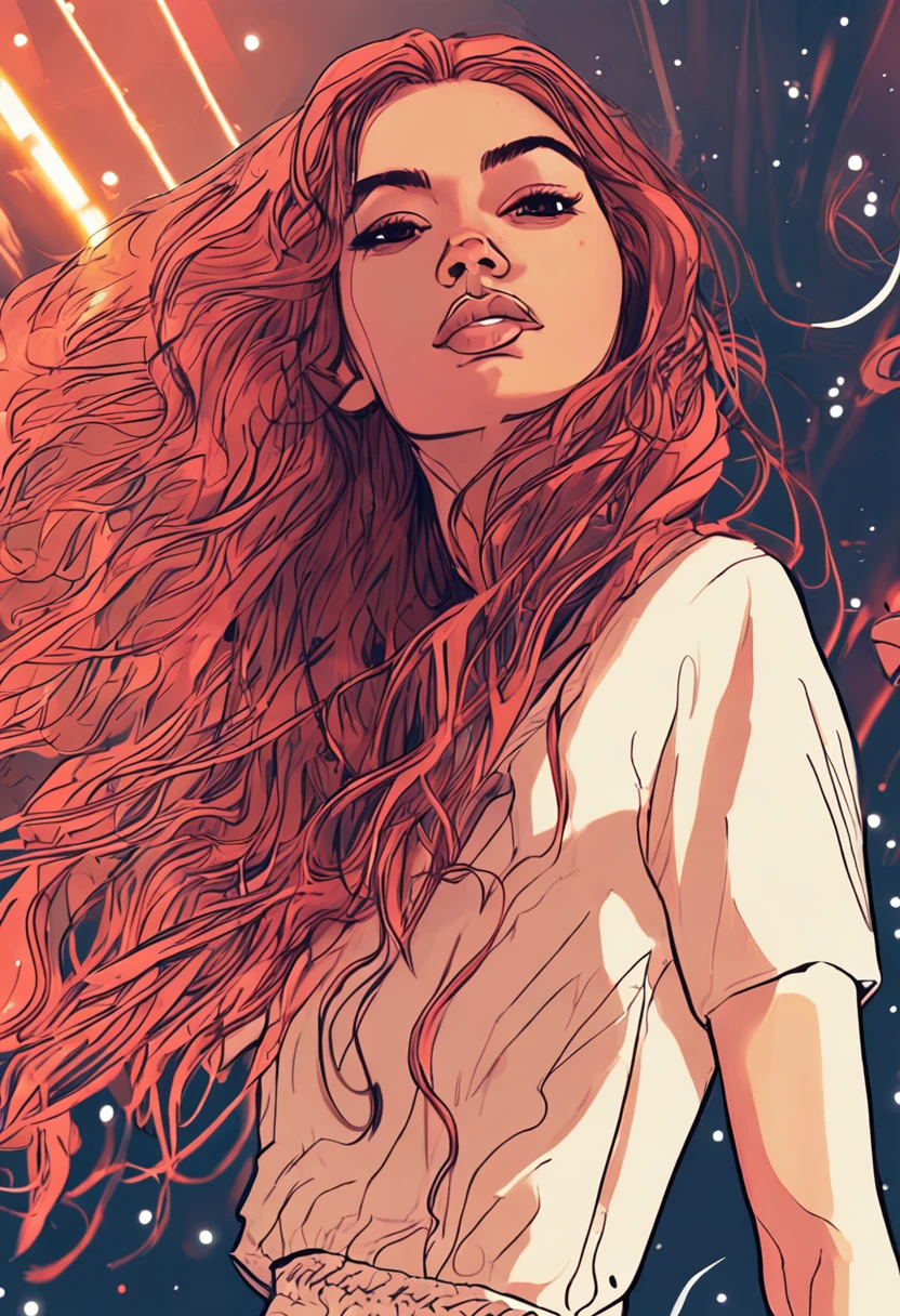 night scene, close up drawing of a beautiful girl with long hair, posing, close up, look at a camera and smile, bright red long hair, brown eyes, soft volumetric lights, intricate details, cinematics