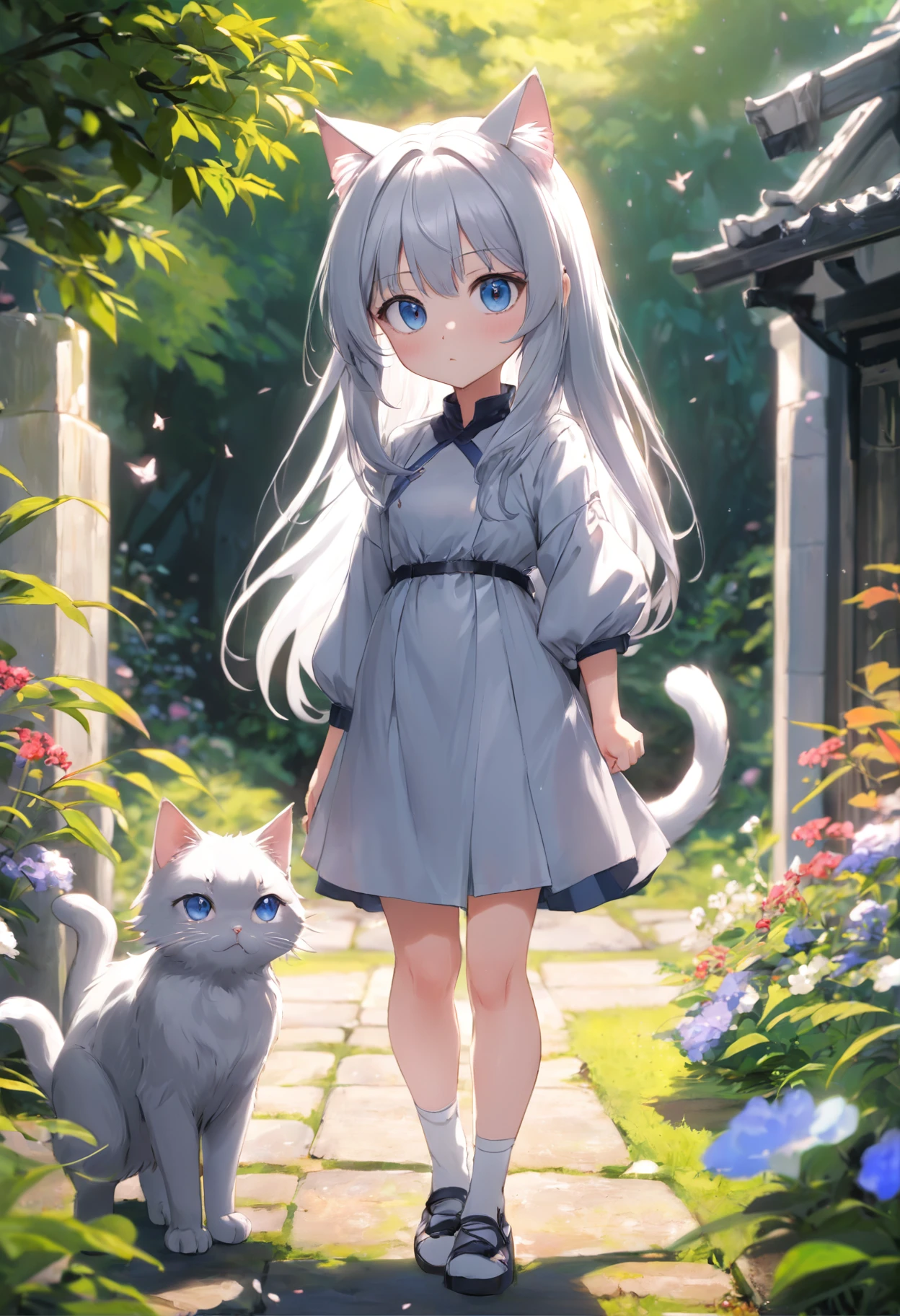 Silver-haired cat-eared girl standing in the garden,eBlue eyes,adolable,Soft cute,Dumb cute。