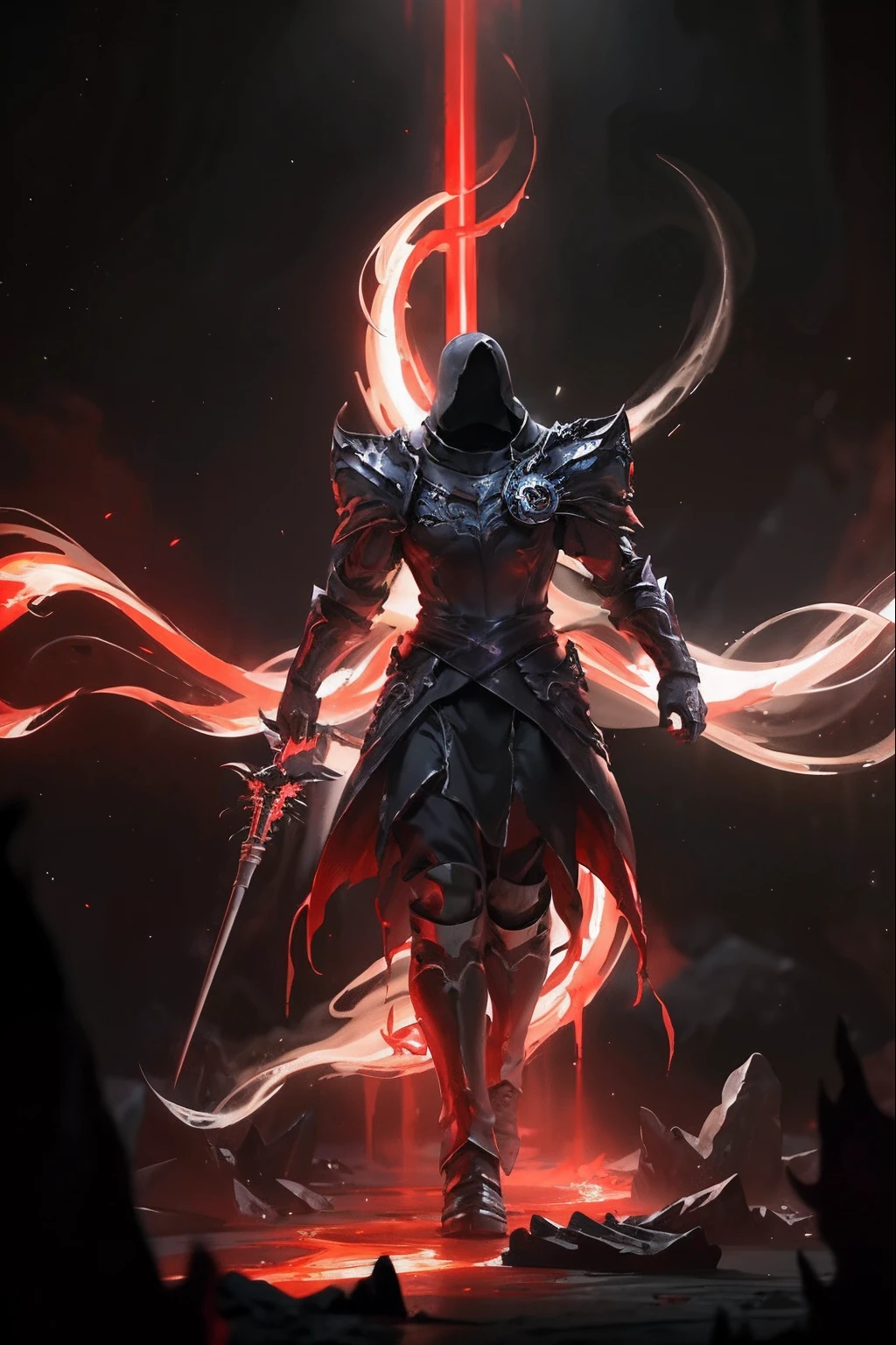 Dark、seele、Ghastly、agony、Life and death、Brighter、The demons、Trial、Redemption、illusion、火焰、Ice and snow、Splendor、mistic，Red magma，Burning red feet，light and shadow effect，Strong contrast，raiden，The angle at which you look up，Hand-held weapons