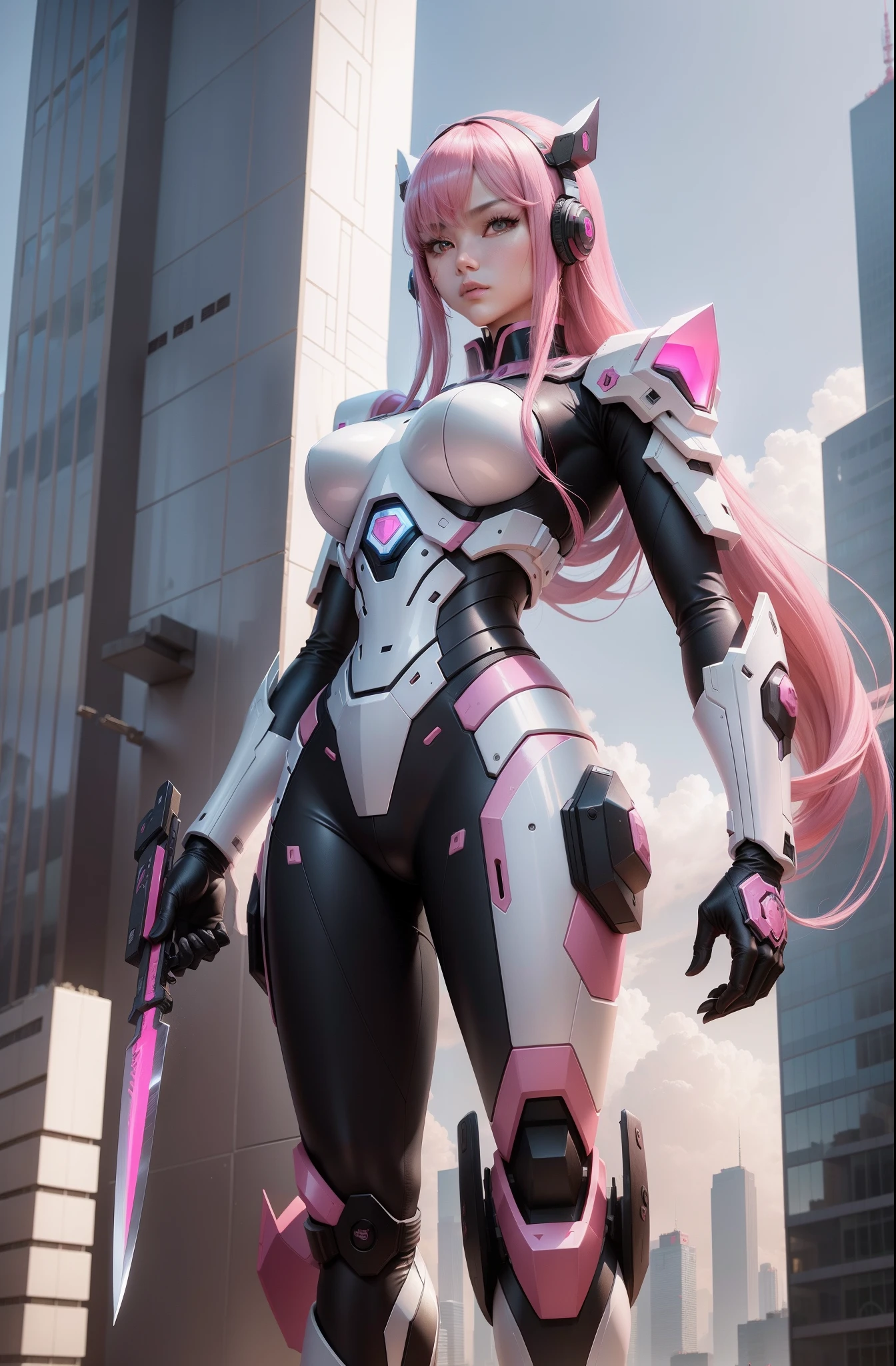 The Chinese humanoid mech stands next to the tall building,Pink Long Hair,01,High-quality textures,style of anime,Ultra-clear,8K分辨率,Holding a knife in one hand,in Pink and white