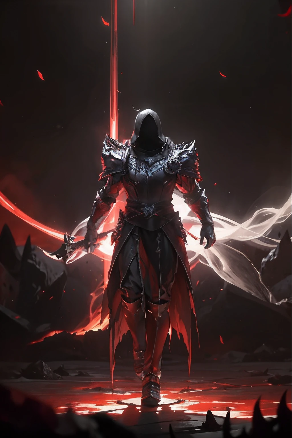 Dark、seele、Ghastly、agony、Life and death、Brighter、The demons、Trial、Redemption、illusion、火焰、Ice and snow、Splendor、mistic，Red magma，Burning red feet，light and shadow effect，Strong contrast，raiden，The angle at which you look up，Hand-held weapons