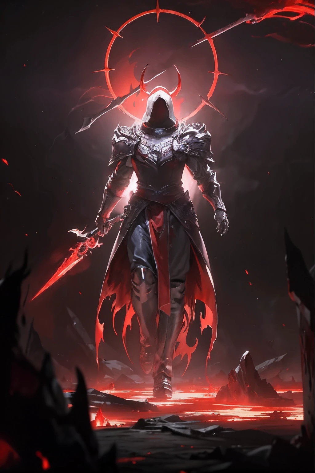 Dark、seele、Ghastly、agony、Life and death、Brighter、The demons、Trial、Redemption、illusion、火焰、Ice and snow、Splendor、mistic，Red magma，Burning red feet，light and shadow effect，Strong contrast，raiden，The angle at which you look up，Hand-held weapons