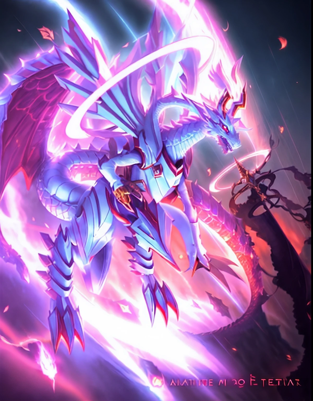 A close-up of a white dragon with a sword and halo, blanco, Slifer the dragon of the sky, Ilustraciones de Yugioh, blue eyes white dragon, Estilo de arte Yugioh, Estilo Yugioh, colossal dragon as background, Yugioh, Dragones ultraterrestres, Giratina, DiLiga the Pokémon, Arte oficial de alto detalle, arte oficial, Dragon Storm