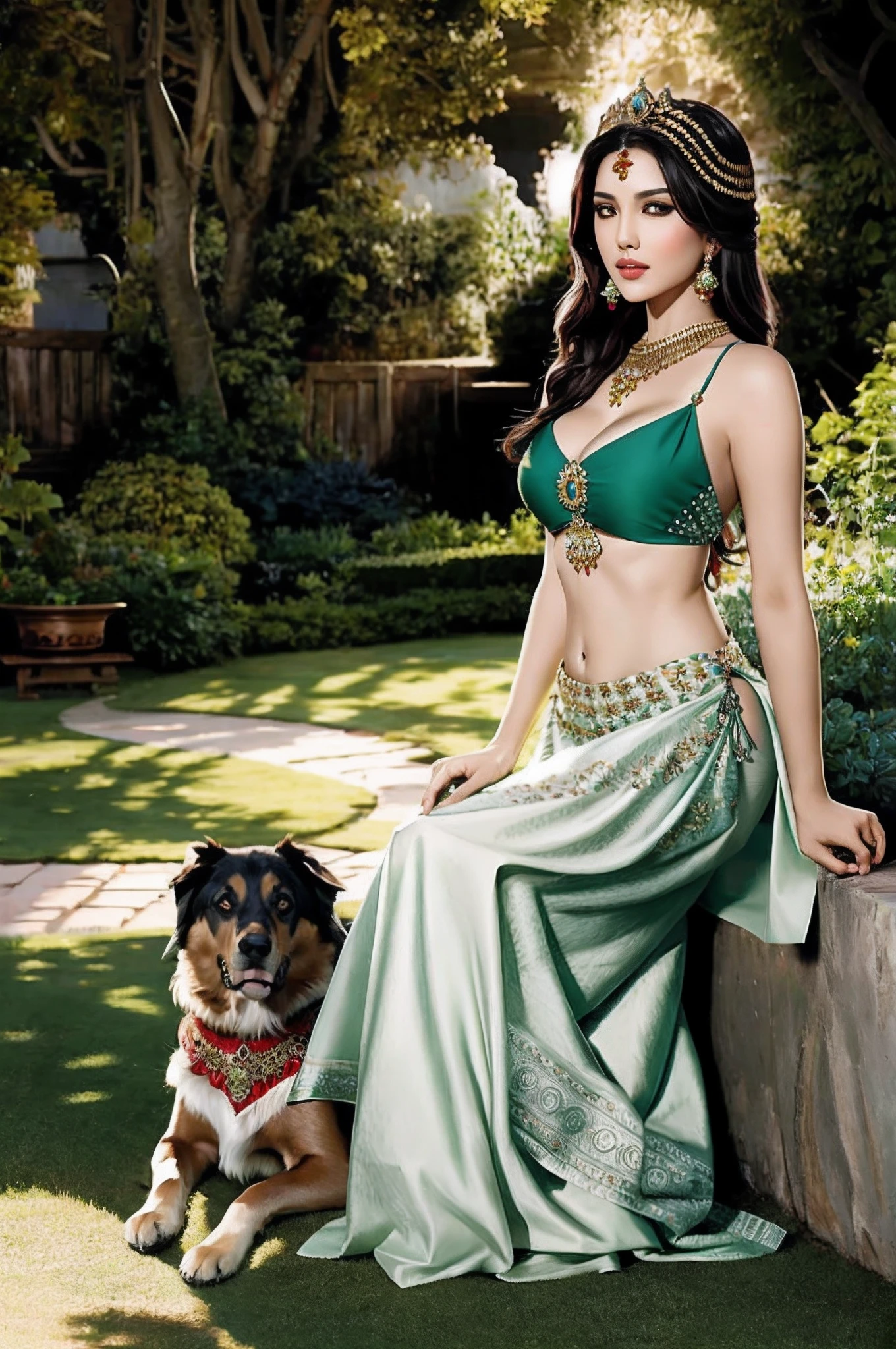 Indian princess show stomach long legs wear jewellers dress type bikini with dogs in garden