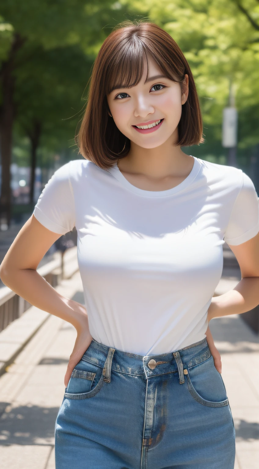 (top-quality、16K resolution) 1 girl、solo、natural soft light、Looking at the camera、sexy  T-shirt、Concrete background、Facing the front、is walking、long hair、Woman in her late teens、Light bangs、short-hair、Salon model、Natural look、portlate、floated hair、Rolled hair, sexy blue jean, pink shoes, background forest,big breast , full body, sexy legs