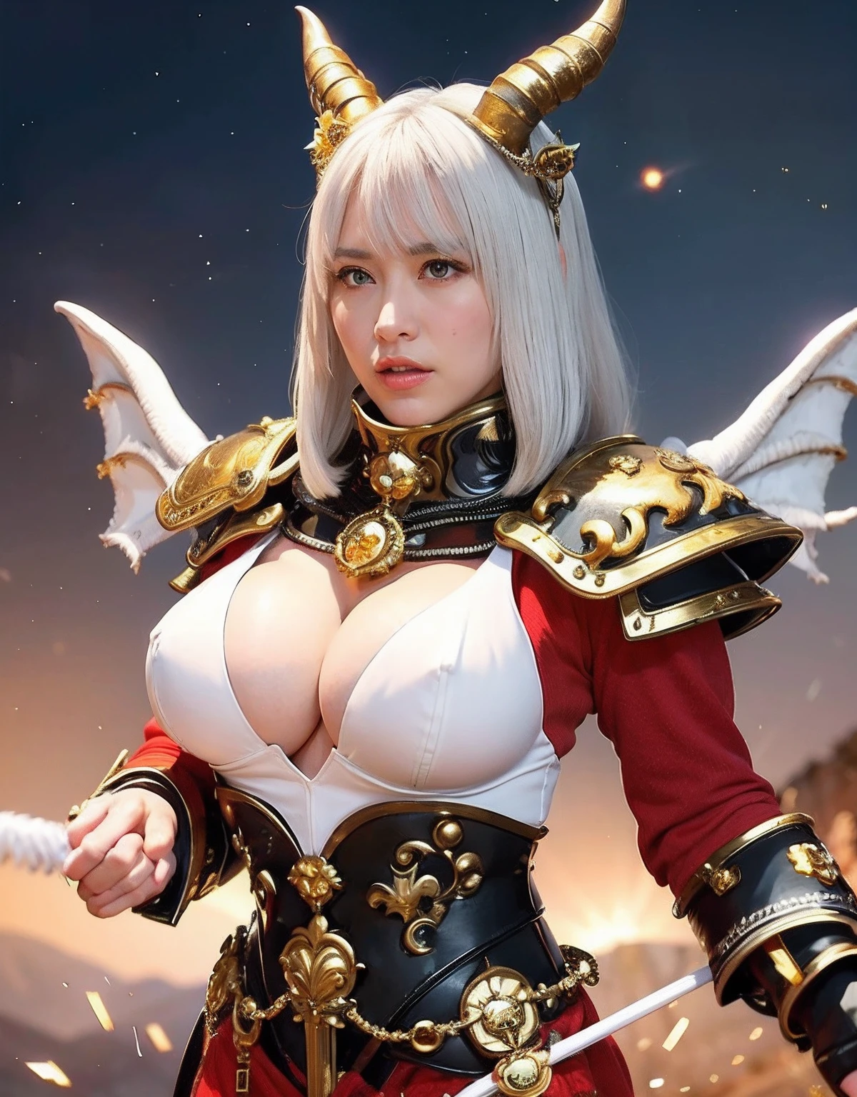 Professional , masterpiece、top-quality、photos realistic , depth of fields 、Idle Smile、(White Gemstone Body:1.9),(Matte white with gold pattern、(cleavage of the breast)、Jewel Gold Weapon、Particles of light、Gemstone Body White:1.4),Gorgeous gold weapons ,(( Dragon dense and gorgeous dragon sword)) , (demonic wings) ,warhammer 40k 、((White hair))、(Castle background)、(demonic wings)、((Gangle's forest background))、Beautiful Caucasian beauty、1a person、dynamic ungle,(((Two devil's horns on the head)))、Smaller head、Idle Smile、Thin and beautiful female hands、cleavage of the breast、Mystical expression、Light Effects、intense fighting、Wind-effect、magic circles、With the legendary magic wand、Dragon's tail、
