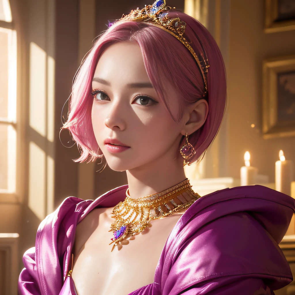 32K(tmasterpiece,k hd,hyper HD,32K)short detailed hair,Gold jewelry area in the back room,Flame Girl ,Yao Lang protector (realisticlying:1.4),Python pattern robe,Purple-pink tiara,Snowflakes fluttering,The background is pure,Hold your head high,Be proud,The nostrils look at people, A high resolution, the detail, RAW photogr, Sharp Re, Nikon D850 Film Stock Photo by Jefferies Lee 4 Kodak Portra 400 Camera F1.6 shots, Rich colors, ultra-realistic vivid textures, Dramatic lighting, Unreal Engine Art Station Trend, cinestir 800,Hold your head high,Be proud,The nostrils look at people
