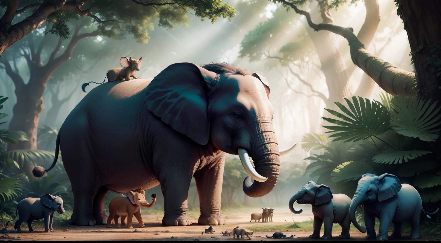 In a vast jungle, animals((all different wild animals))of all sizes lived peacefully. They gathered in the Great Oak's shade for meetings called by the wise elephant, Ella, cartoon style,,