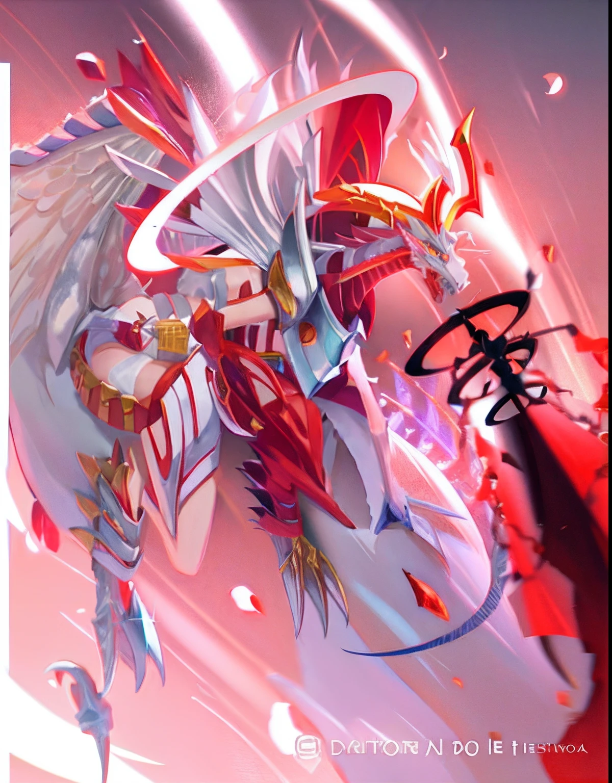 A close-up of a white dragon with a sword and halo, blanco, Slifer the dragon of the sky, Ilustraciones de Yugioh, blue eyes white dragon, Estilo de arte Yugioh, Estilo Yugioh, colossal dragon as background, Yugioh, Dragones ultraterrestres, Giratina, DiLiga the Pokémon, Arte oficial de alto detalle, arte oficial, Dragon Storm