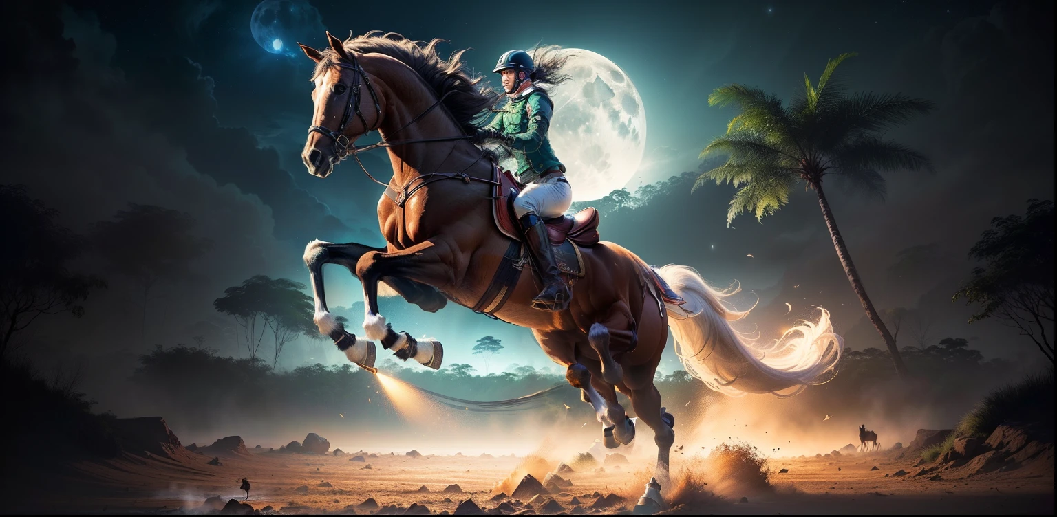 Horse jumping with dust in full theme jungle , real , cinematic , dramatic light, night with full moon , urban