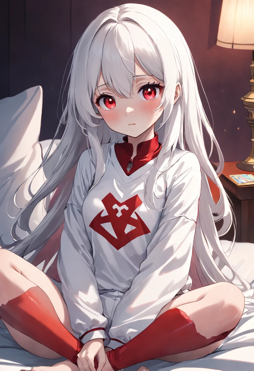 Girl with white hair and red pupils，Wearing cartoon long sleeves and long pants, sitting on bed playing with mobile phone