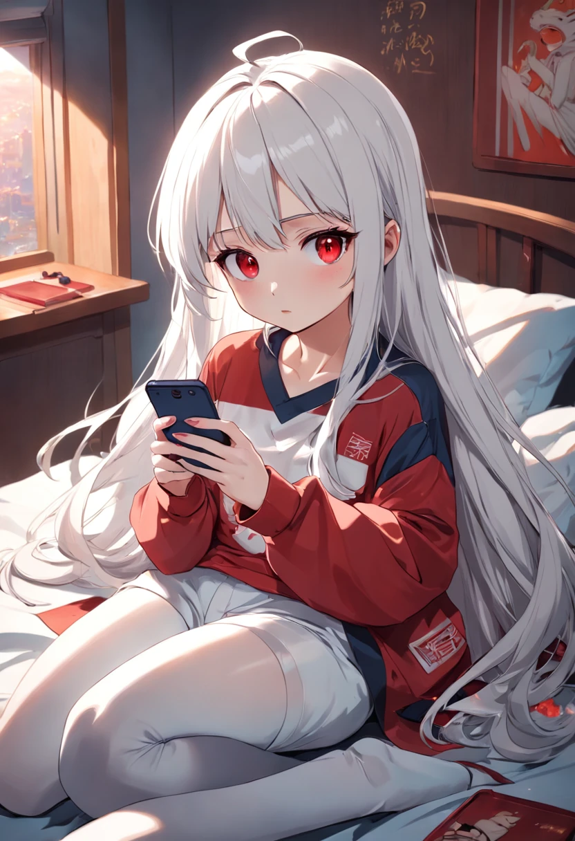 Girl with white hair and red pupils,Wearing cartoon long sleeves and long pants, sitting on bed playing with mobile phone