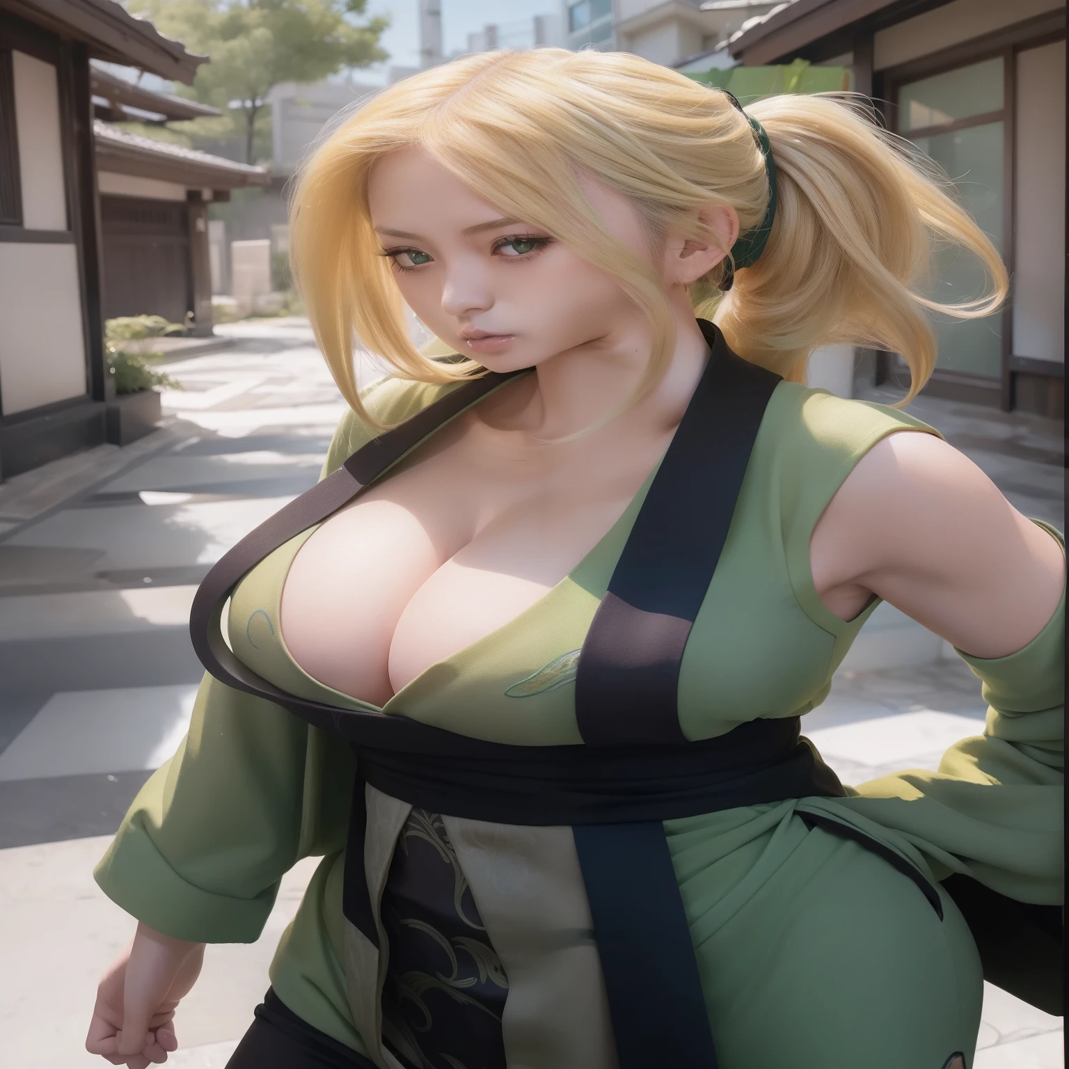 1.girl, Tsunade sarutobi,  Blond hair, long hair, green clothes, thick lips
