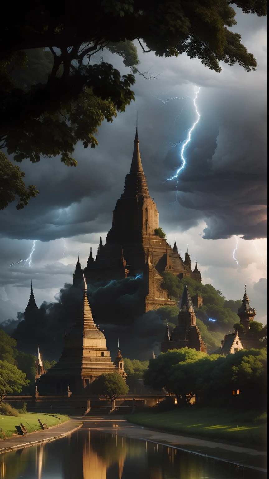 Dark clouds, blue lightning and thunder